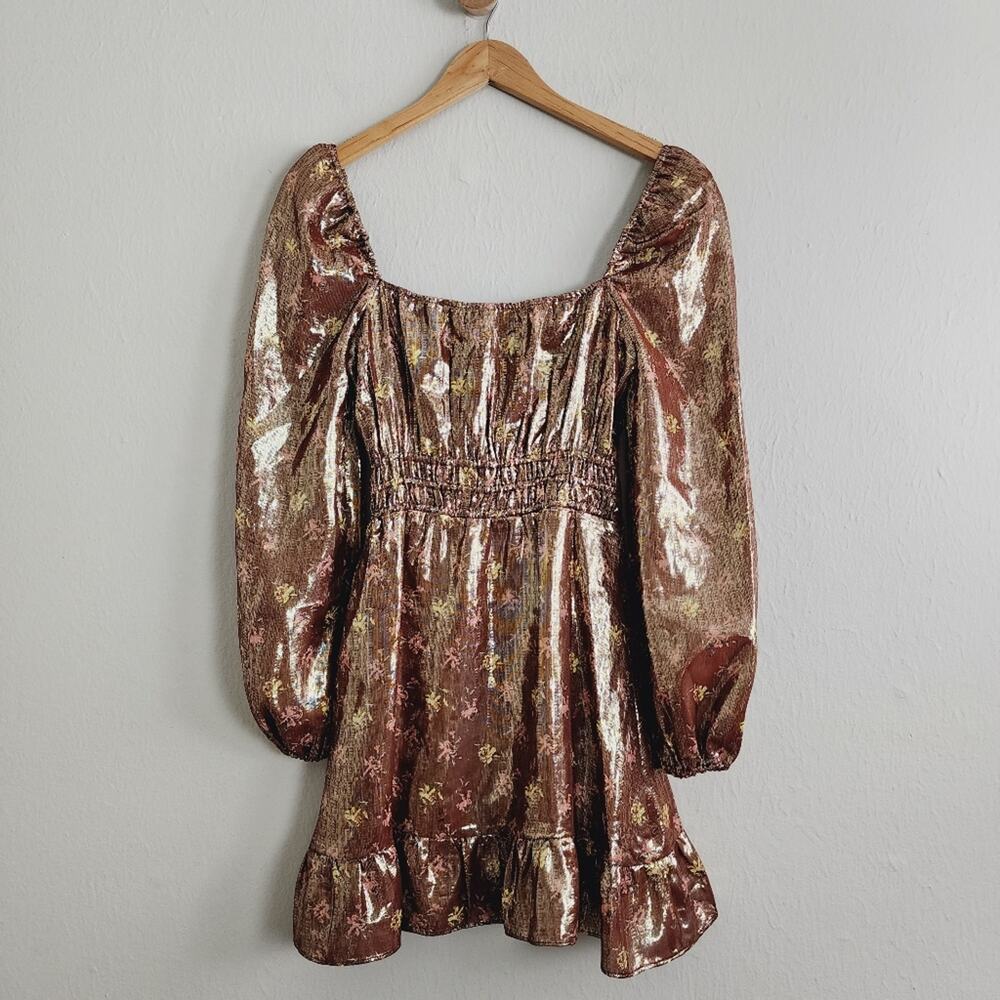 Paige Noah Silk Blend Mini Dress XS | Bronze Dust Metallic Floral Cocktail - Picture 10 of 10